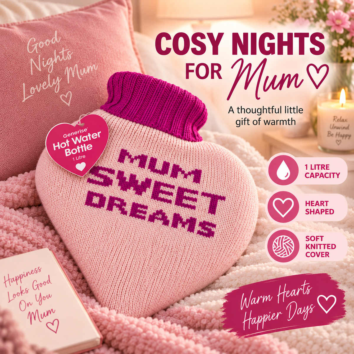 Generise 1L Heart-Shaped Hot Water Bottles with Plush Cover – Perfect Gift for Mum
