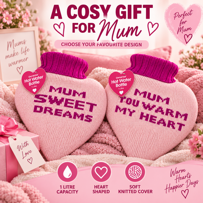 Generise 1L Heart-Shaped Hot Water Bottles with Plush Cover – Perfect Gift for Mum
