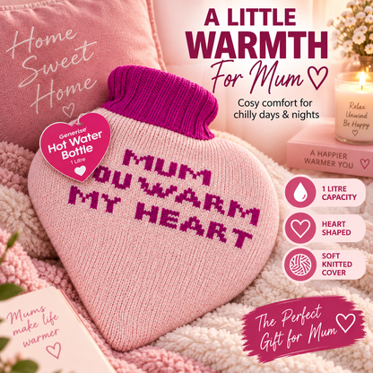 Generise 1L Heart-Shaped Hot Water Bottles with Plush Cover – Perfect Gift for Mum