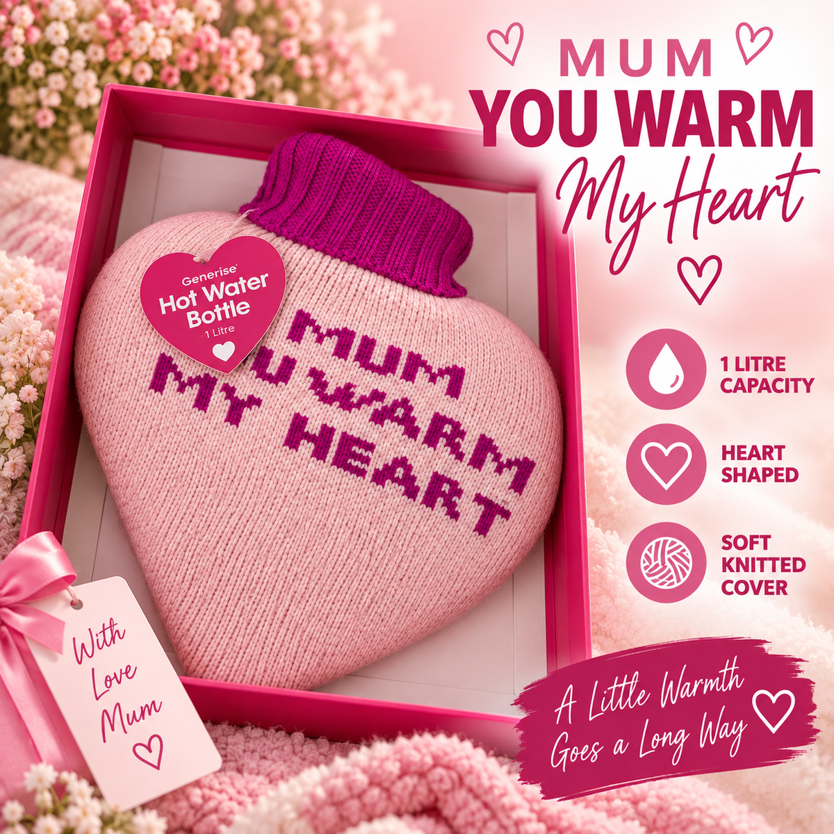 Generise 1L Heart-Shaped Hot Water Bottles with Plush Cover – Perfect Gift for Mum