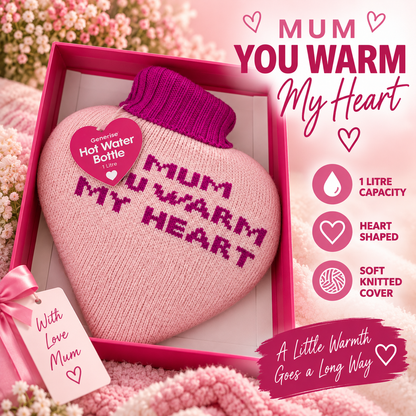 Generise 1L Heart-Shaped Hot Water Bottles with Plush Cover – Perfect Gift for Mum