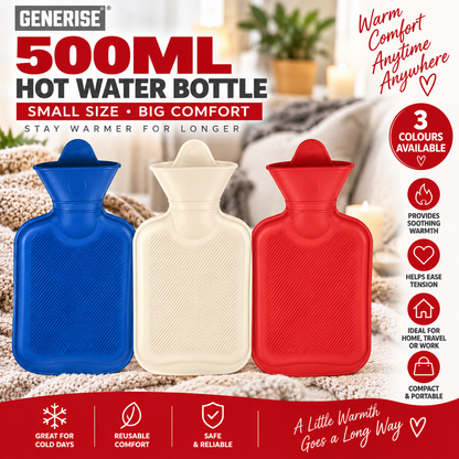 Generise 500ml Hot Water Bottle – Random Colour Select - Red, White or Blue | Compact Reusable Hot Water Bottle for Everyday Warmth - (OD4159)