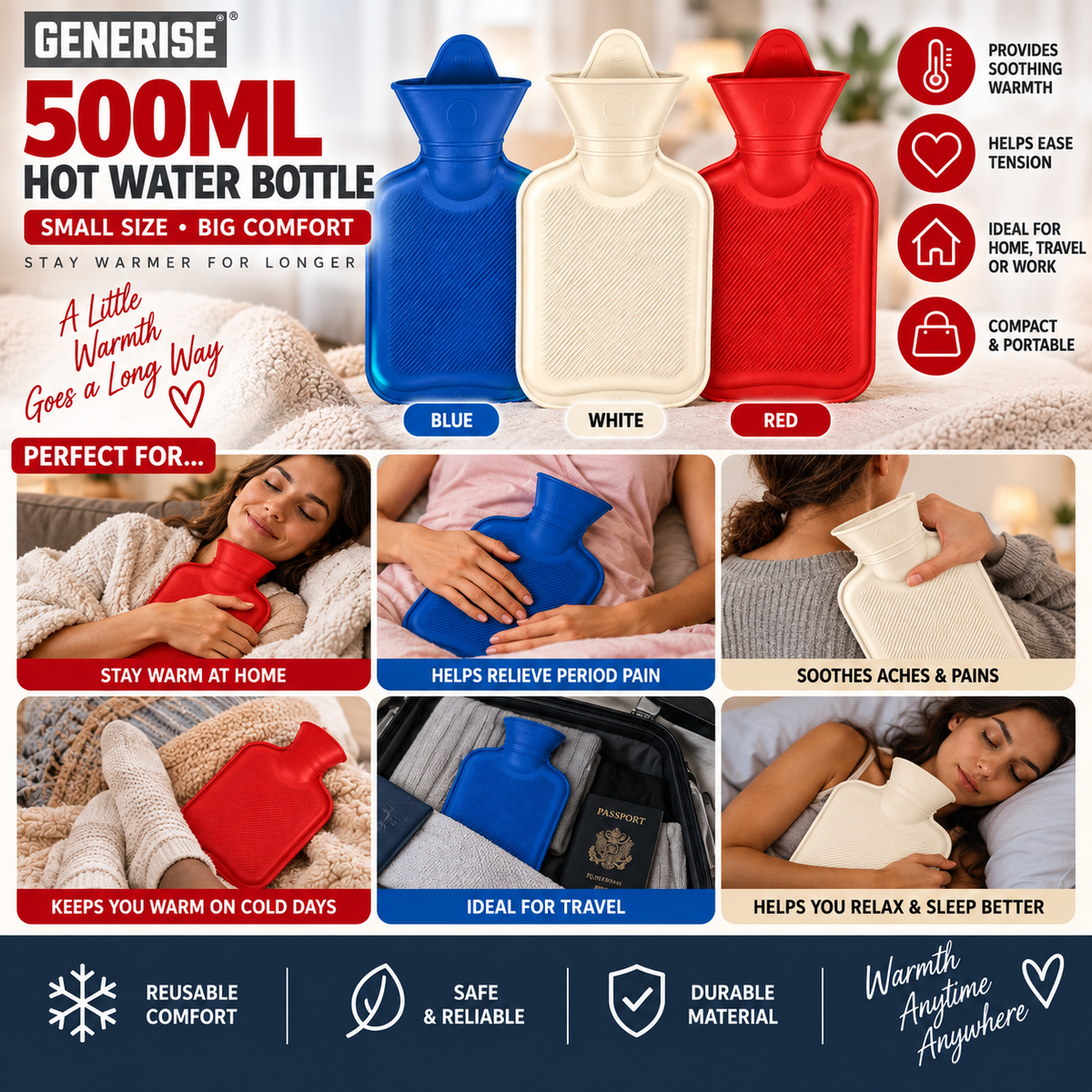 Generise 500ml Hot Water Bottle – Random Colour Select - Red, White or Blue | Compact Reusable Hot Water Bottle for Everyday Warmth - (OD4159)