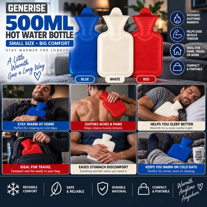 Generise 500ml Hot Water Bottle – Random Colour Select - Red, White or Blue | Compact Reusable Hot Water Bottle for Everyday Warmth - (OD4159)