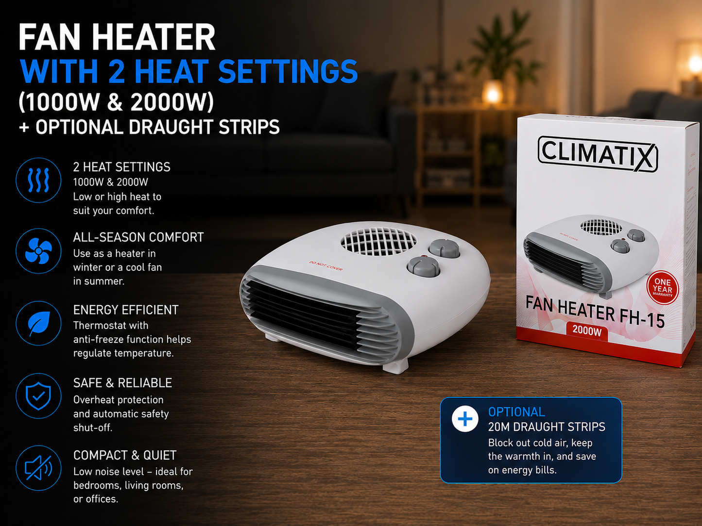Climatix 2000W Fan Heater with Cool Fan Function | 2 Heat Settings | Portable Electric Fan Heater | Overheat Protection