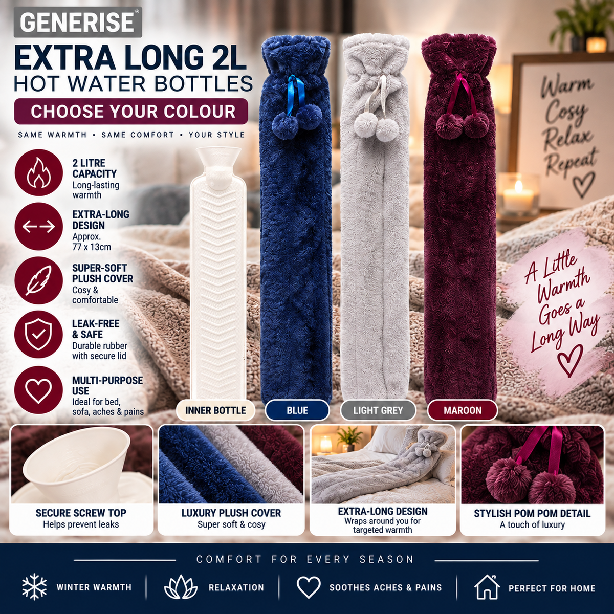 Generise 2 Litre Extra Long Hot Water Bottle with Plush Cover - RANDOM COLOUR SELECT