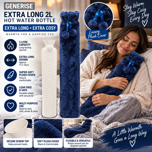 Generise 2 Litre Extra Long Hot Water Bottle with Plush Cover - Blue