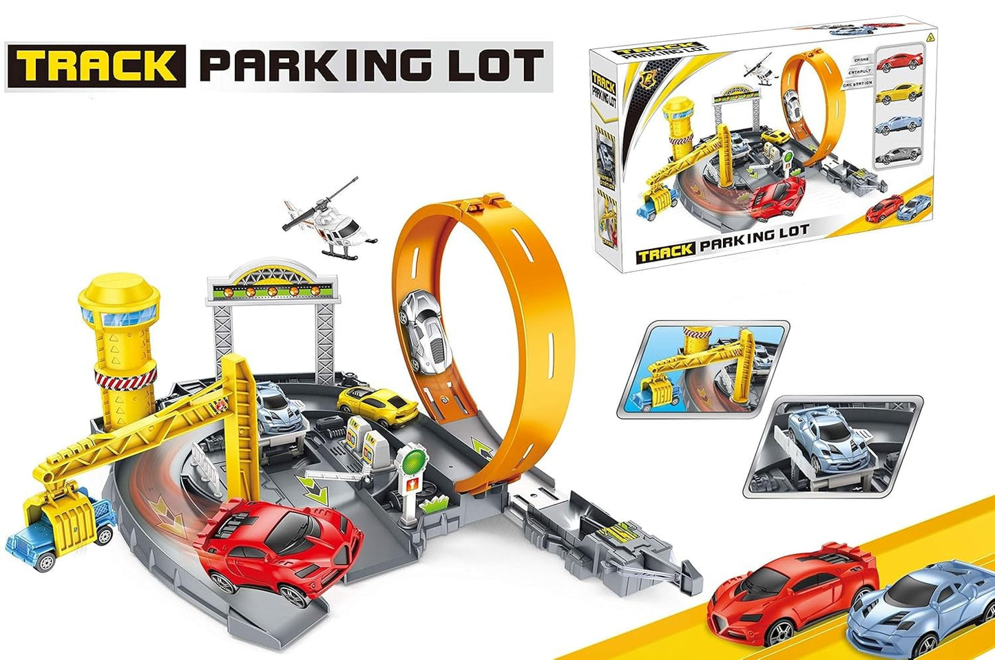 Track Parking Lot with Crane, Car Catapult & Gas Station