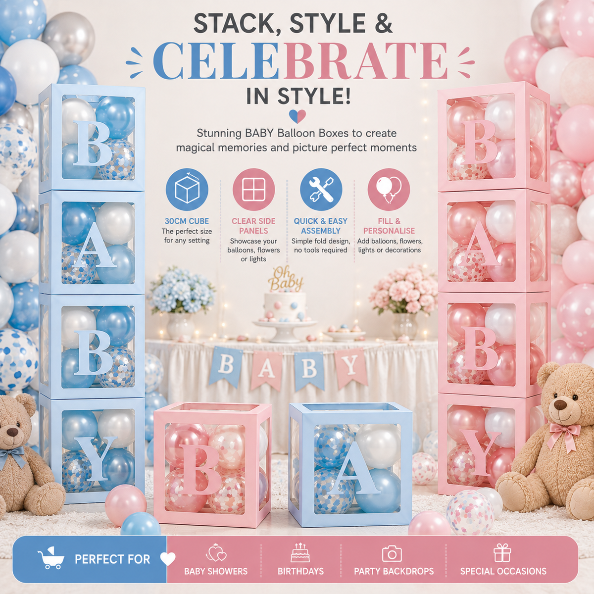 Party Props Love Baby Balloon Box in Pink or Blue