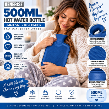 Generise 500ml Hot Water Bottle – Blue | Compact Reusable Hot Water Bottle for Everyday Warmth