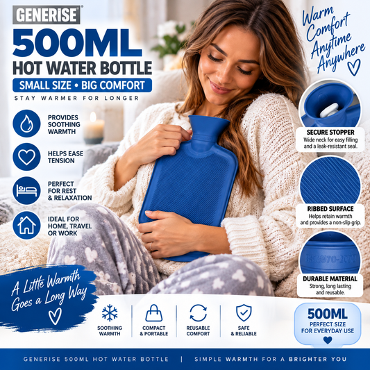 Generise 500ml Hot Water Bottle – Blue | Compact Reusable Hot Water Bottle for Everyday Warmth