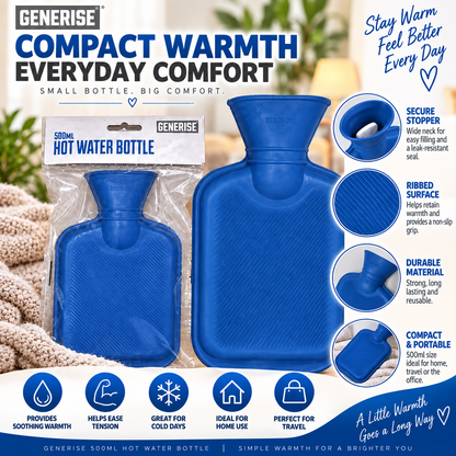 Generise 500ml Hot Water Bottle – Blue | Compact Reusable Hot Water Bottle for Everyday Warmth