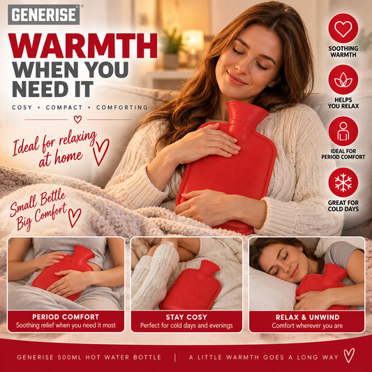 Generise 500ml Hot Water Bottle – Red | Compact Reusable Hot Water Bottle for Everyday Warmth