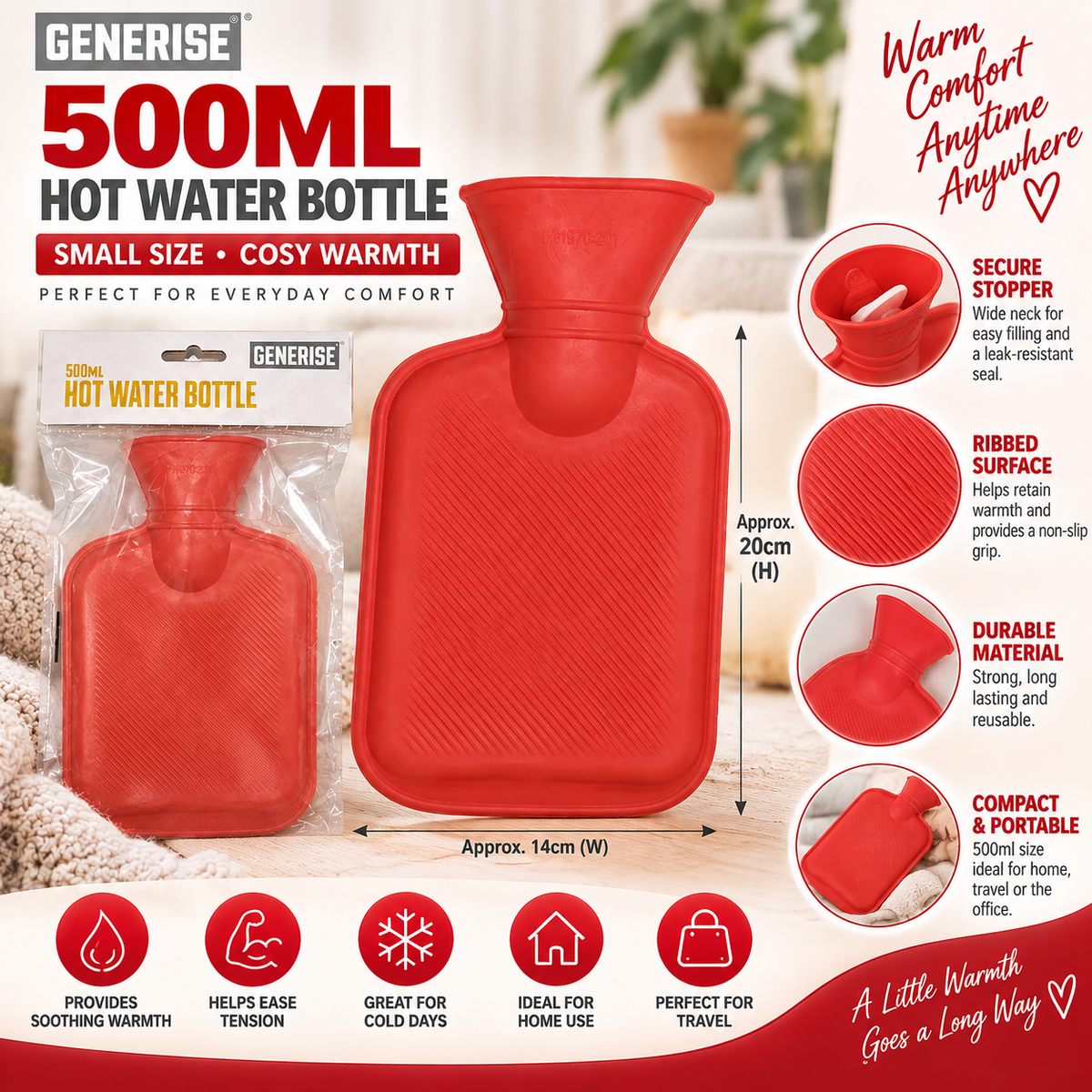 Generise 500ml Hot Water Bottle – Red | Compact Reusable Hot Water Bottle for Everyday Warmth