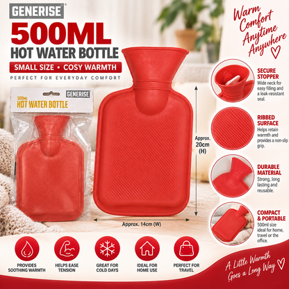 Generise 500ml Hot Water Bottle – Red | Compact Reusable Hot Water Bottle for Everyday Warmth