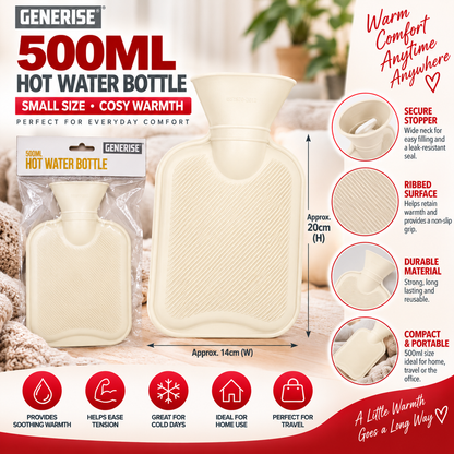 Generise 500ml Hot Water Bottle – White | Compact Reusable Hot Water Bottle for Everyday Warmth