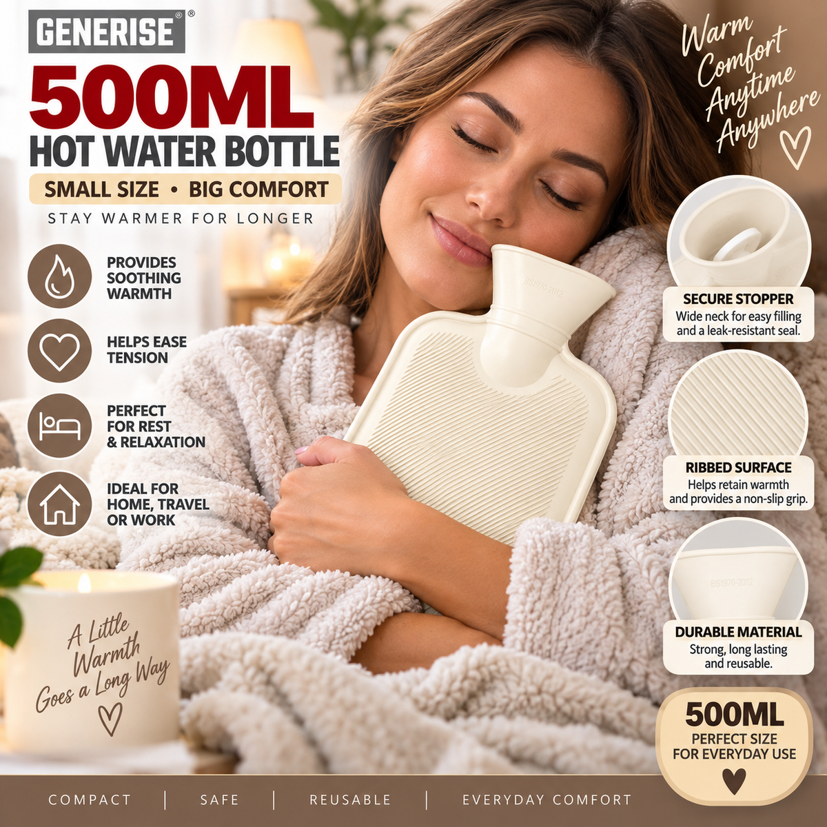 Generise 500ml Hot Water Bottle – White | Compact Reusable Hot Water Bottle for Everyday Warmth