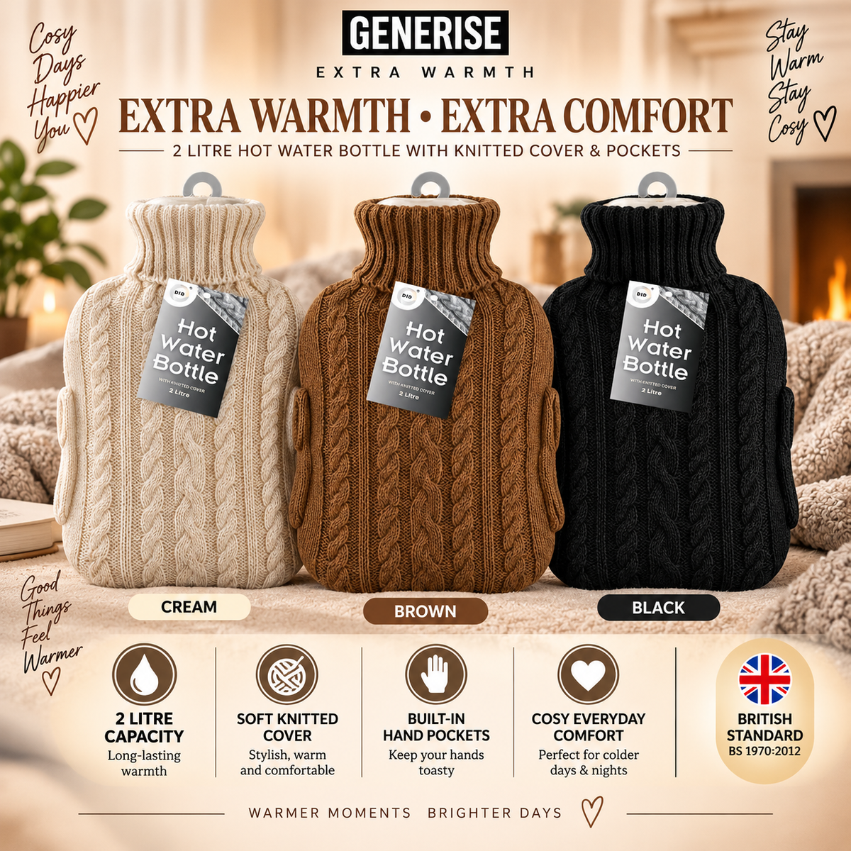 Generise 'EXTRA WARMTH' 2 Litre Hot Water Bottle with Knitted Cover and POCKETS
