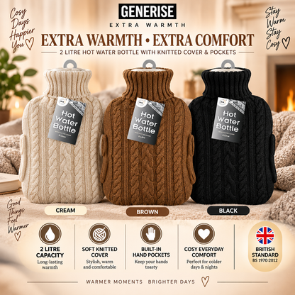 Generise 'EXTRA WARMTH' 2 Litre Hot Water Bottle with Knitted Cover and POCKETS