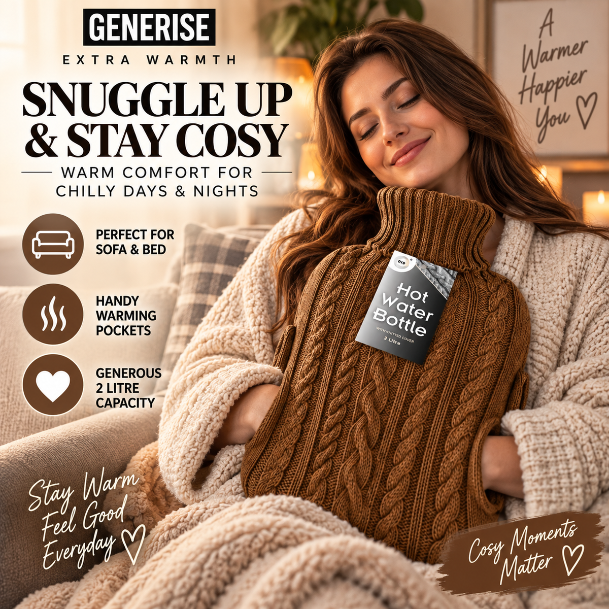 Generise 'EXTRA WARMTH' 2 Litre Hot Water Bottle with Knitted Cover and POCKETS