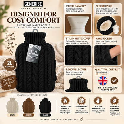 Generise 'EXTRA WARMTH' 2 Litre Hot Water Bottle with Knitted Cover and POCKETS