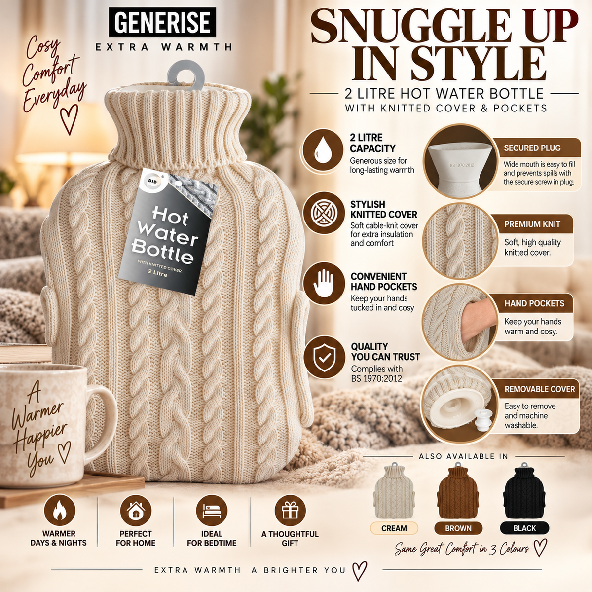 Generise 'EXTRA WARMTH' 2 Litre Hot Water Bottle with Knitted Cover and POCKETS
