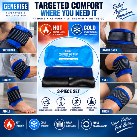 Generise 'Compress and Wrap' Hot and Cold Reusable Sports Injury Gel Pack with Pouch and Strap