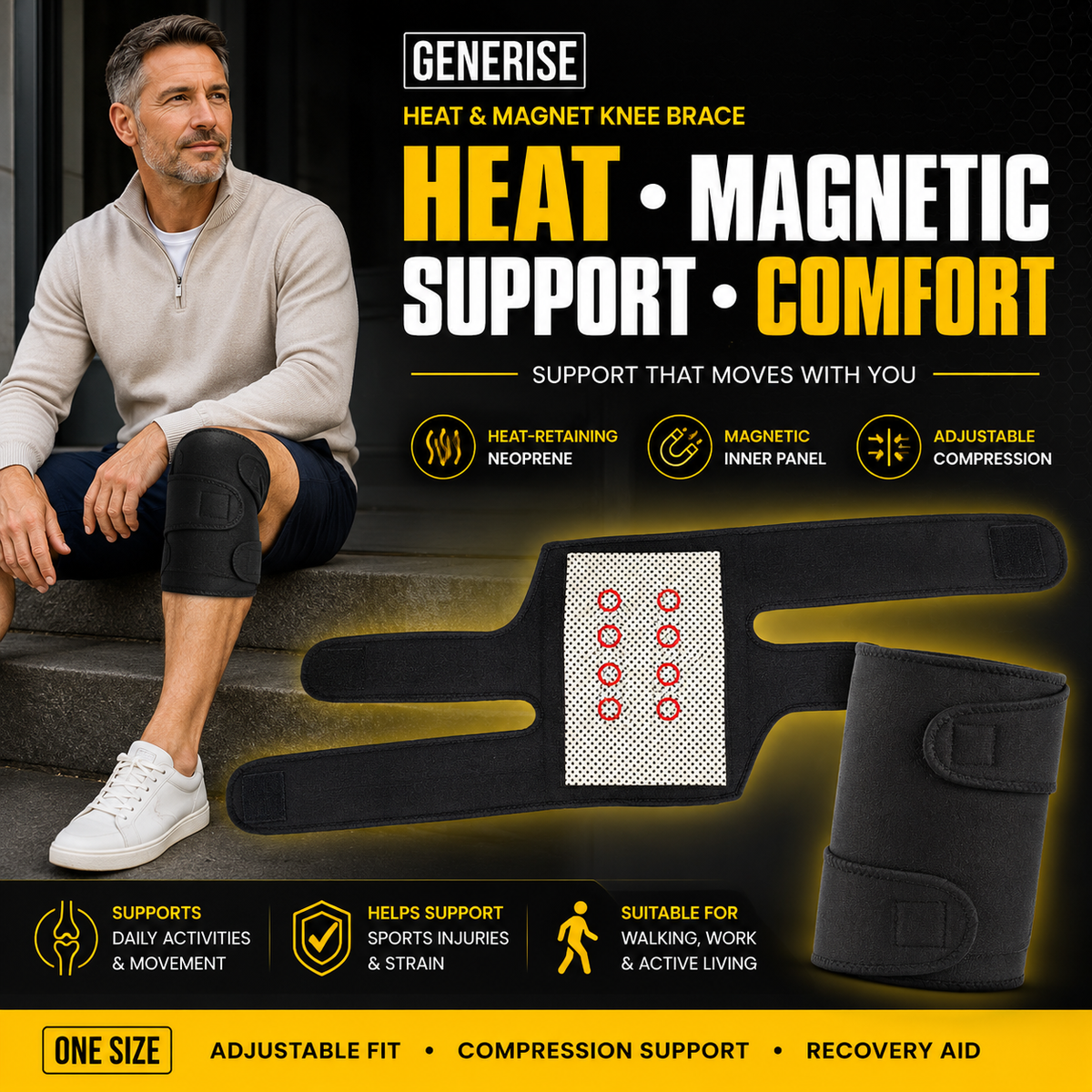 Generise Heat & Magnet Knee Brace – Adjustable Neoprene Knee Support