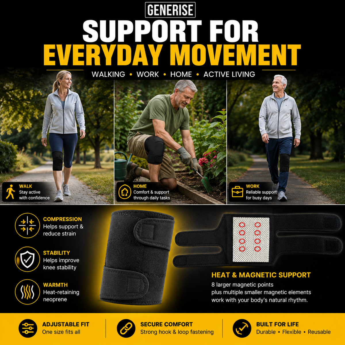 Generise Heat & Magnet Knee Brace – Adjustable Neoprene Knee Support