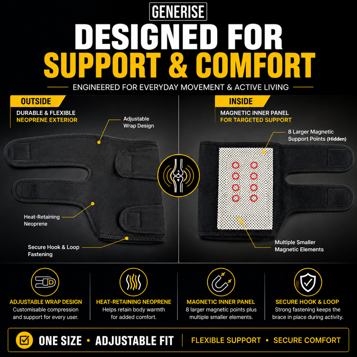 Generise Heat & Magnet Knee Brace – Adjustable Neoprene Knee Support