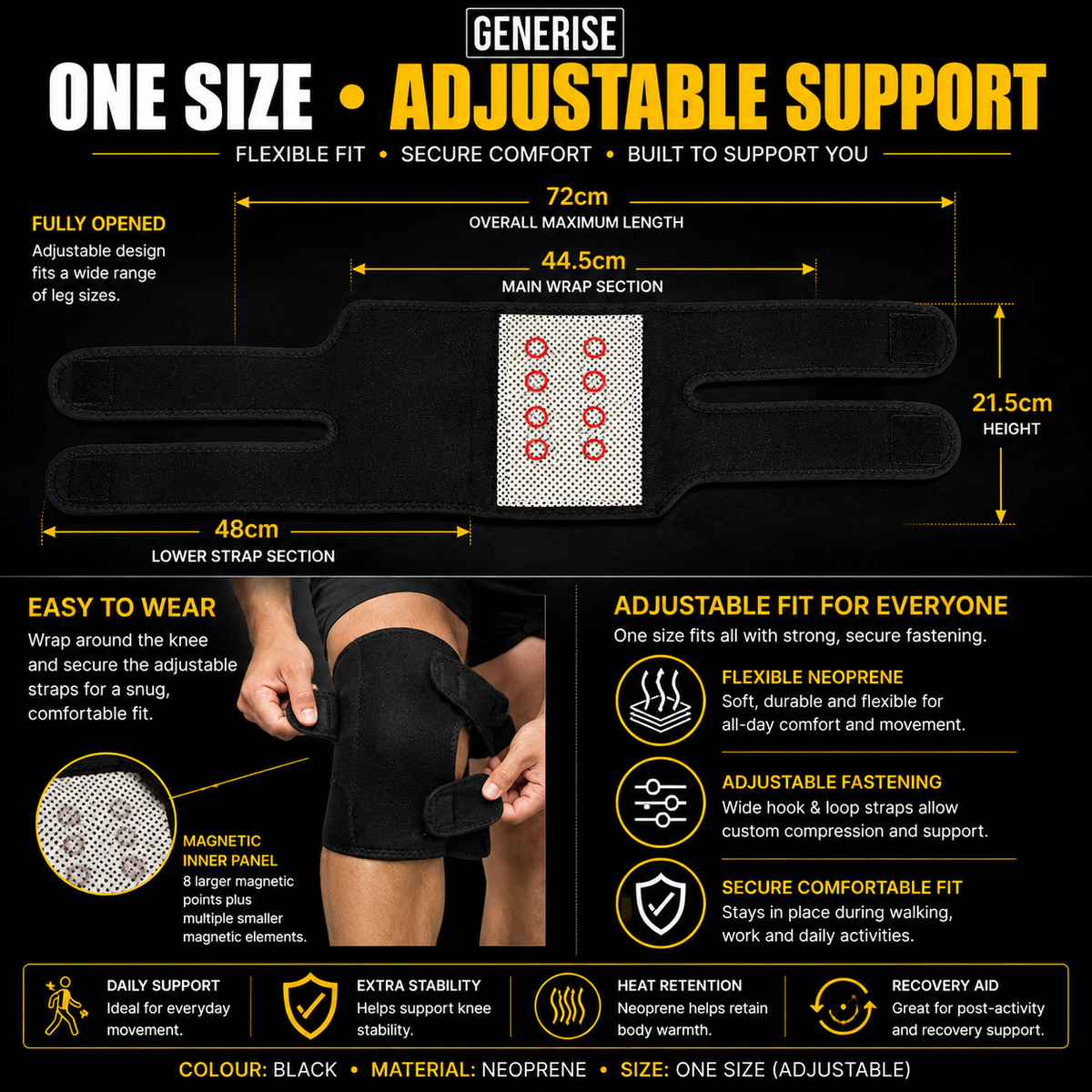 Generise Heat & Magnet Knee Brace – Adjustable Neoprene Knee Support