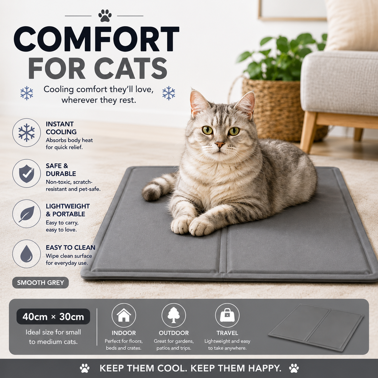 Generise Pet Cooling Gel Mat in Grey Measuring 40cm x 30cm