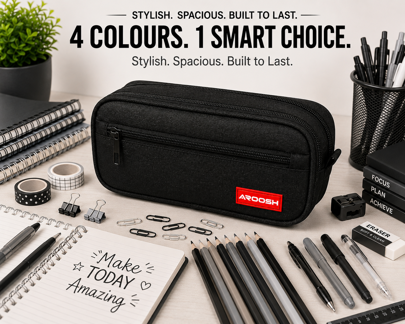 Aroosh All Ages Premium Quality Pencil Cases – Spacious, Durable & Stylish - Triple Pocket & 4 Colours!
