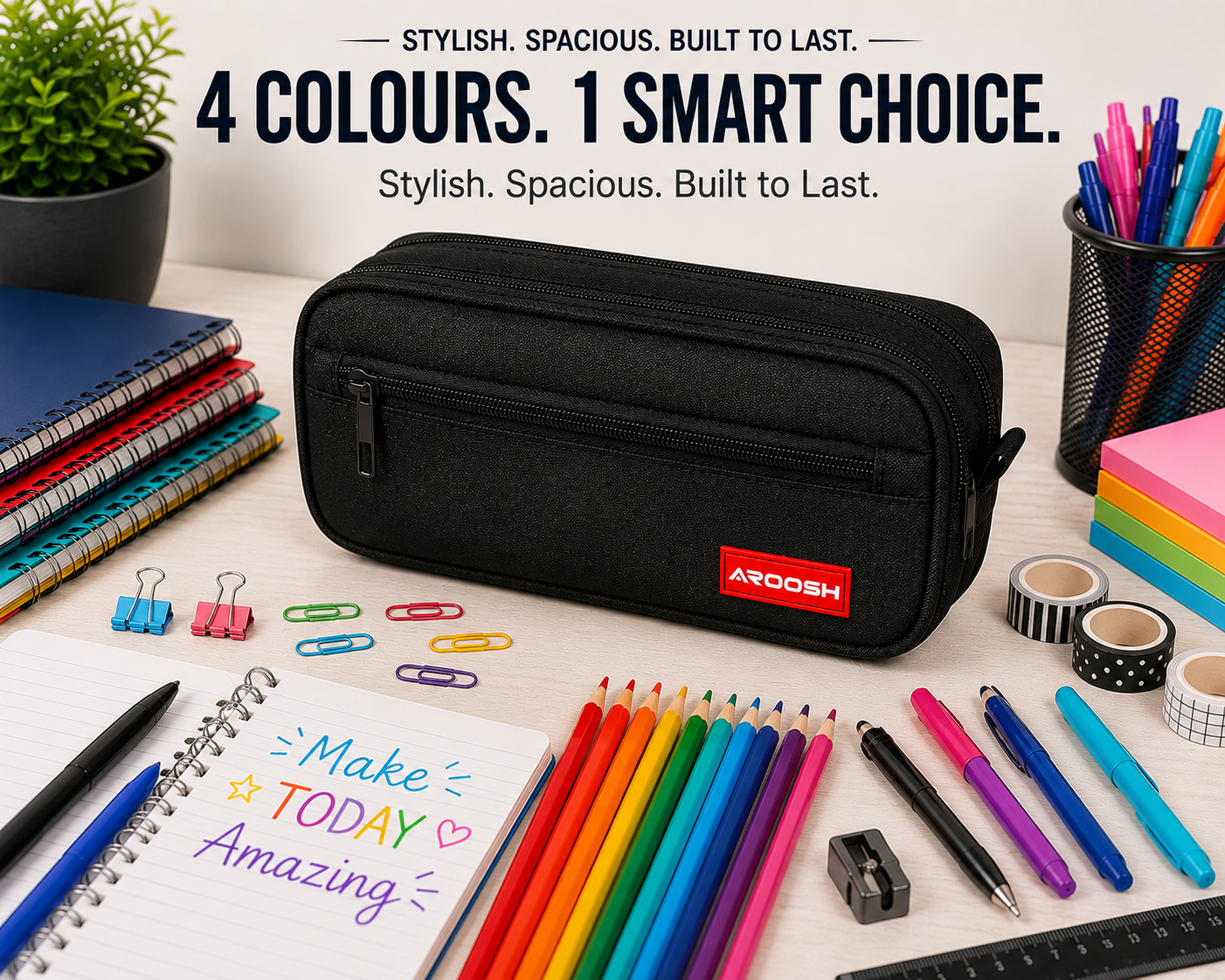 Aroosh All Ages Premium Quality Pencil Cases – Spacious, Durable & Stylish - Triple Pocket & 4 Colours!
