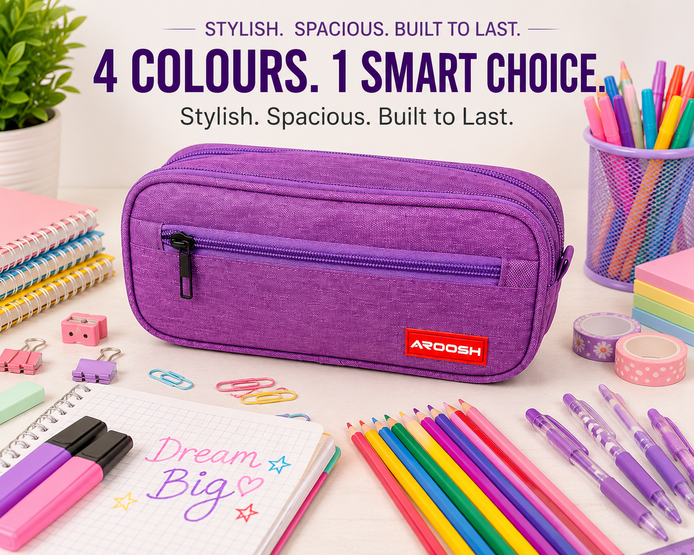 Aroosh All Ages Premium Quality Pencil Cases – Spacious, Durable & Stylish - Triple Pocket & 4 Colours!