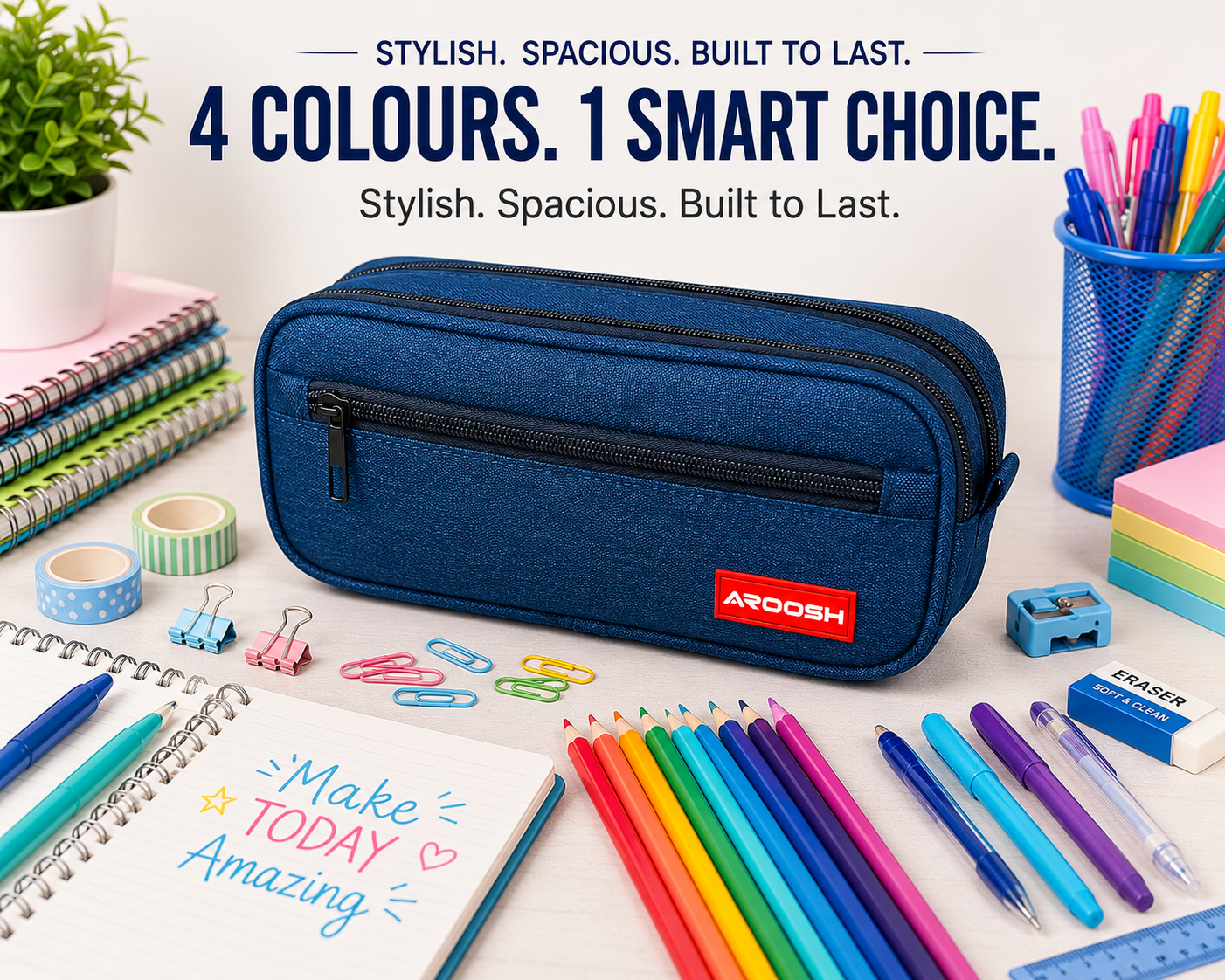Aroosh All Ages Premium Quality Pencil Cases – Spacious, Durable & Stylish - Triple Pocket & 4 Colours!