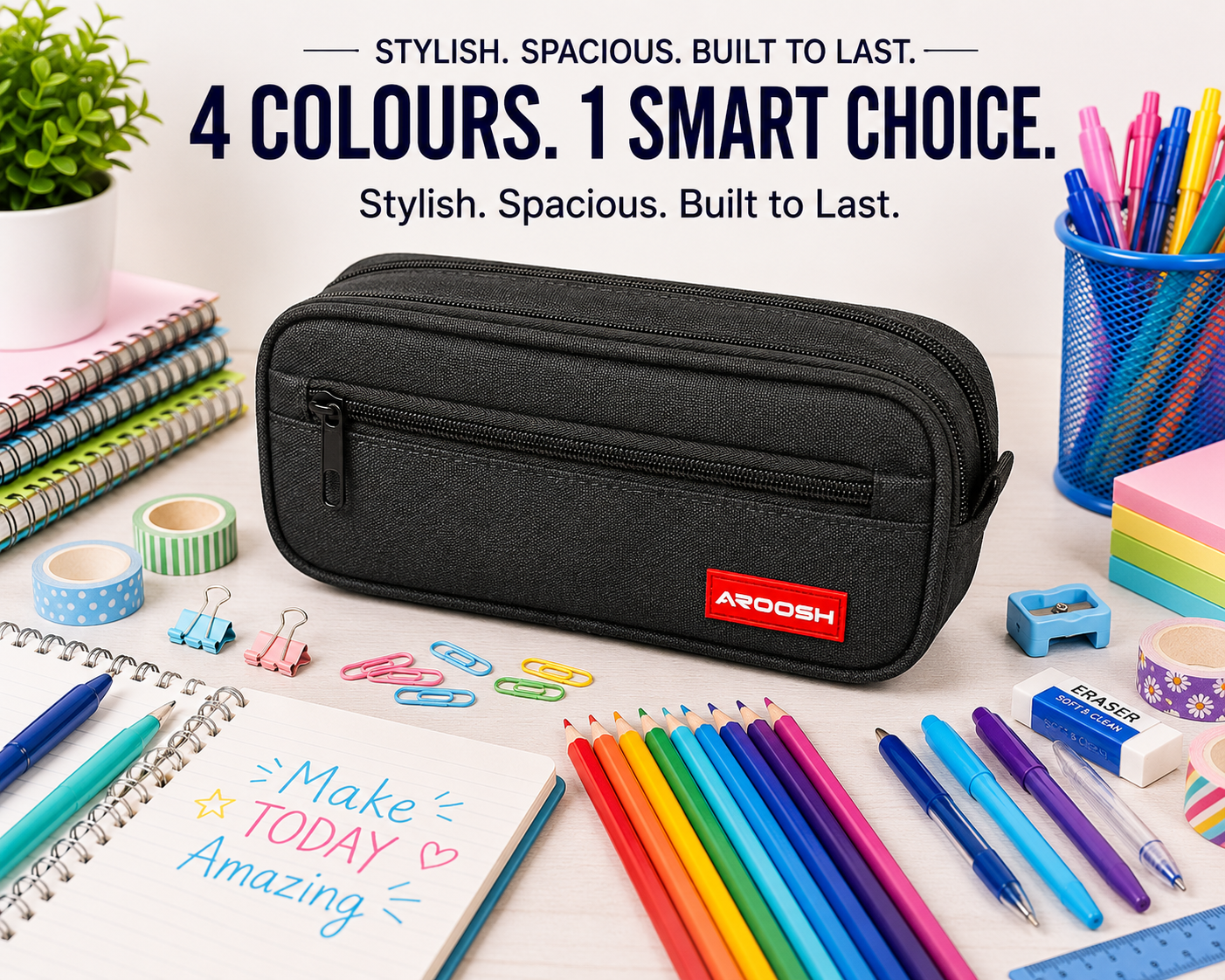 Aroosh All Ages Premium Quality Pencil Cases – Spacious, Durable & Stylish - Triple Pocket & 4 Colours!