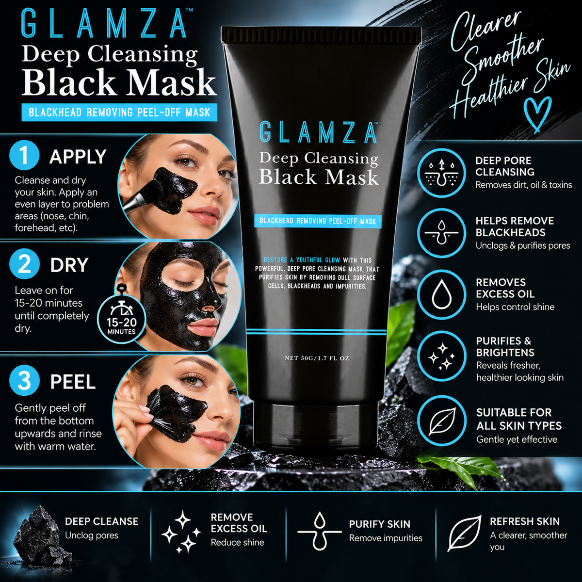 Glamza Blackhead Removing Peel Off Masks – Deep Cleansing & Pore Purifying