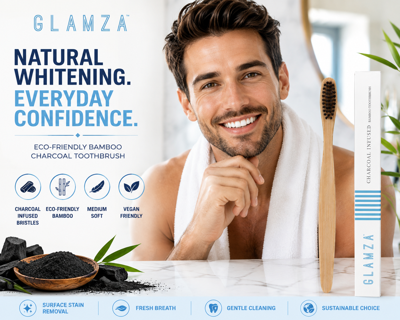 Glamza Bamboo Charcoal Toothbrush – Eco-Friendly Medium Soft Toothbrush | Vegan | Biodegradable Handle