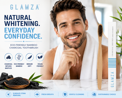 Glamza Bamboo Charcoal Toothbrush – Eco-Friendly Medium Soft Toothbrush | Vegan | Biodegradable Handle