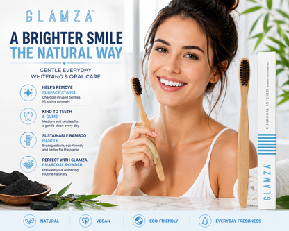 Glamza Bamboo Charcoal Toothbrush – Eco-Friendly Medium Soft Toothbrush | Vegan | Biodegradable Handle