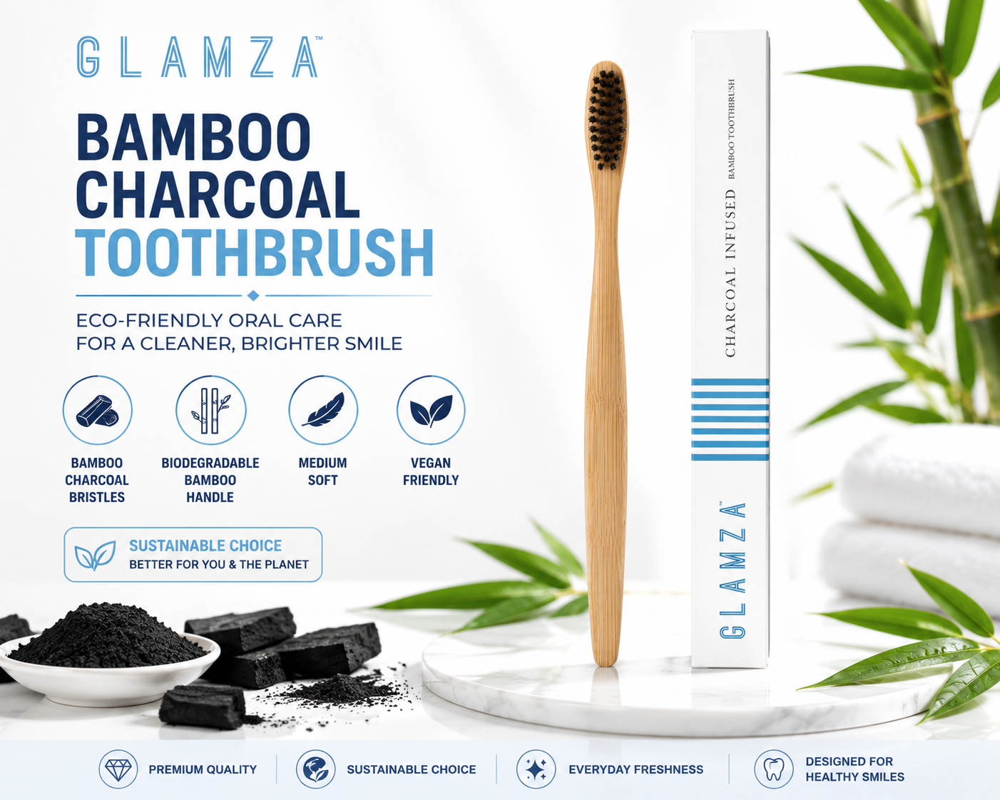 Glamza Bamboo Charcoal Toothbrush – Eco-Friendly Medium Soft Toothbrush | Vegan | Biodegradable Handle