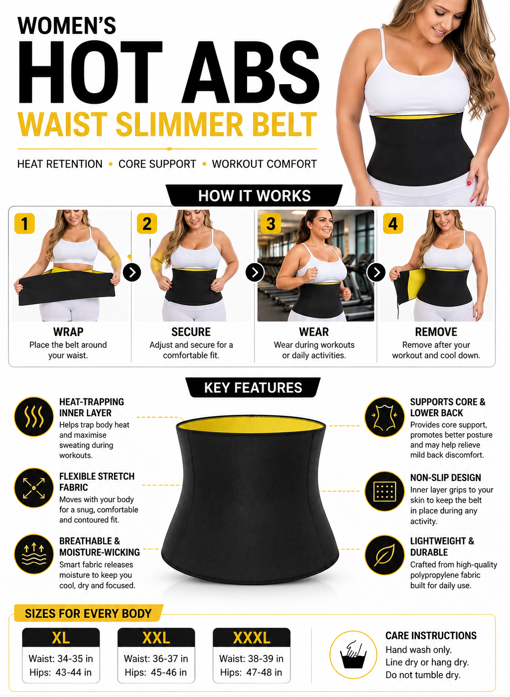 Women’s Hot Abs Waist Slimmer Plus Size Belt – Heat technology Fitness & Core Support