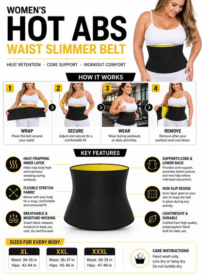 Women’s Hot Abs Waist Slimmer Plus Size Belt – Heat technology Fitness & Core Support