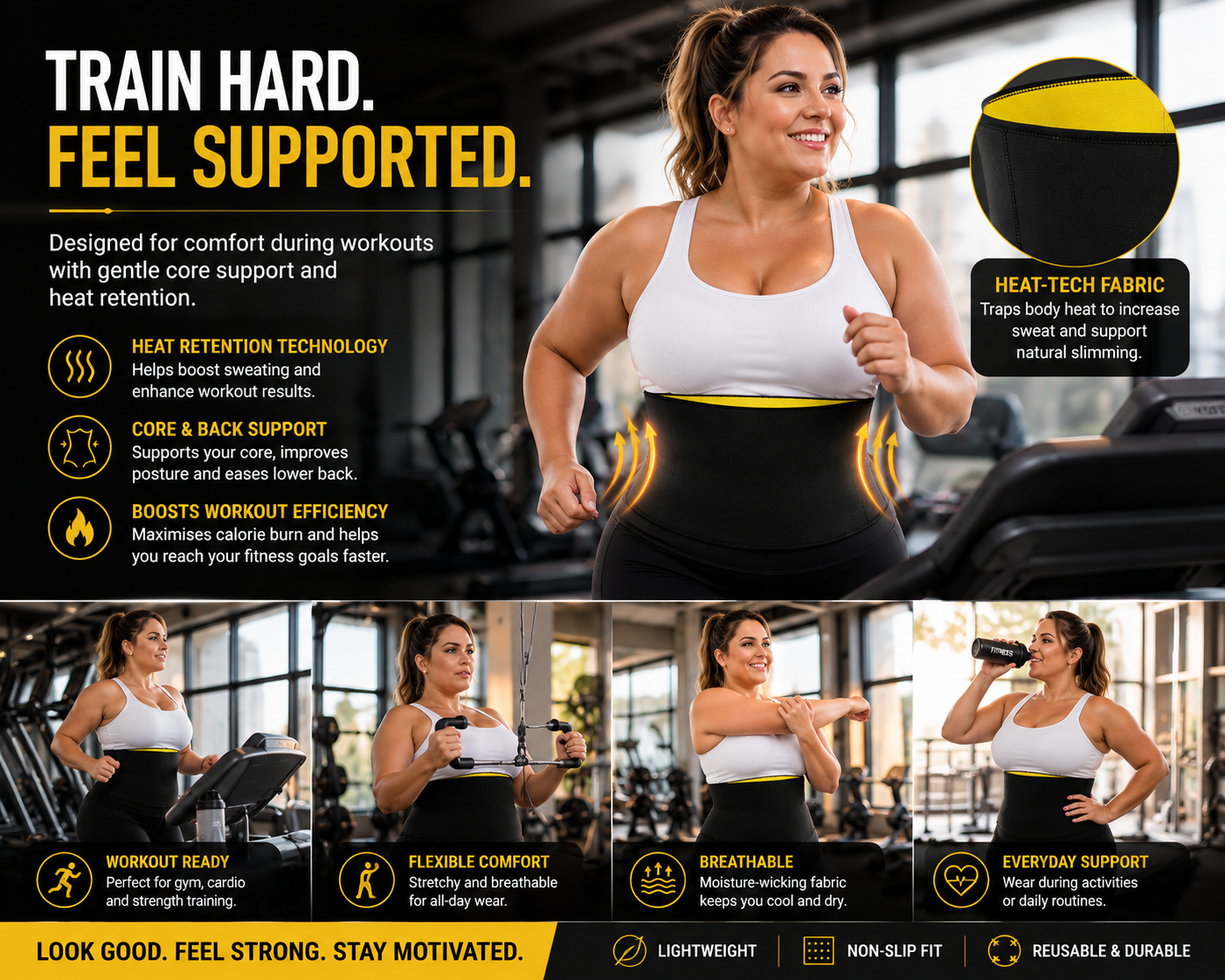 Women’s Hot Abs Waist Slimmer Plus Size Belt – Heat technology Fitness & Core Support