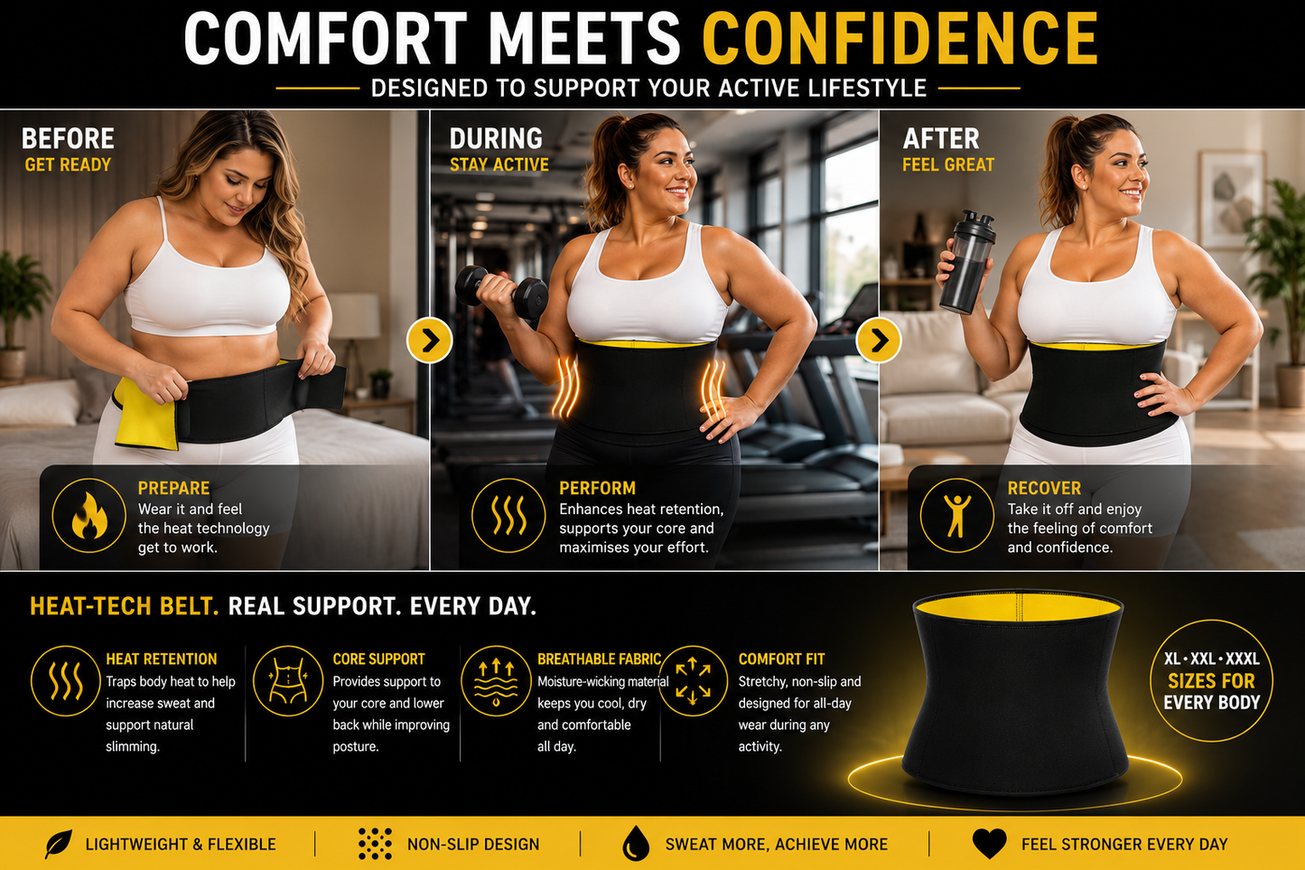 Women’s Hot Abs Waist Slimmer Plus Size Belt – Heat technology Fitness & Core Support