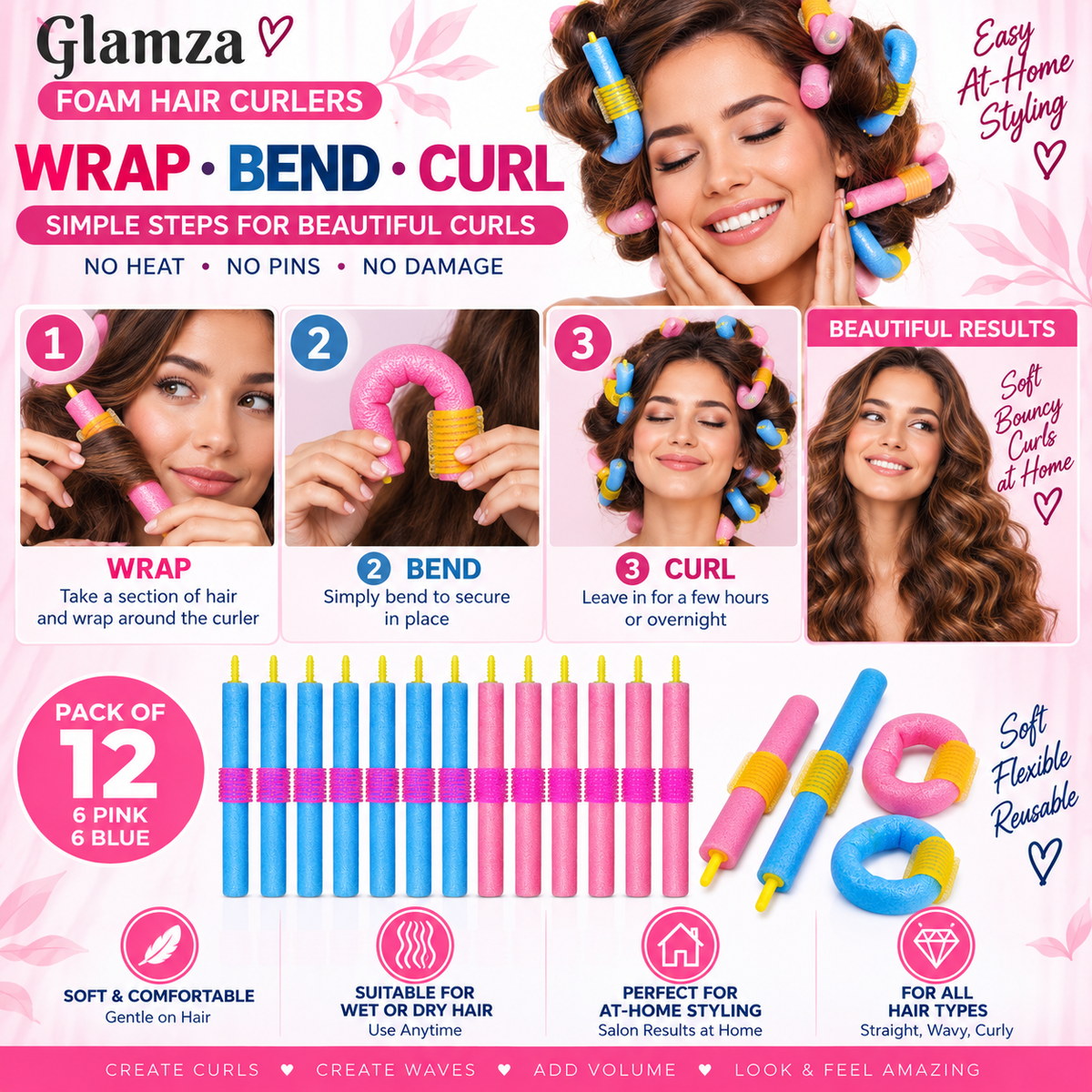 12-Pack Hair Curlers &amp; Rollers – Heatless, Soft & Easy to Use