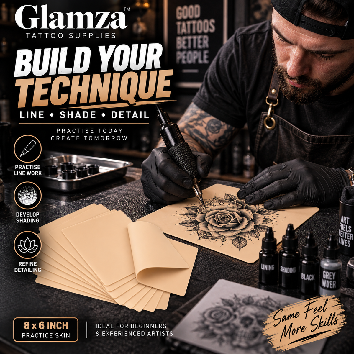 Tattoo Practice Skin 8 x 6 – Flesh Colour Synthetic Tattoo Skin – 1 Sheet