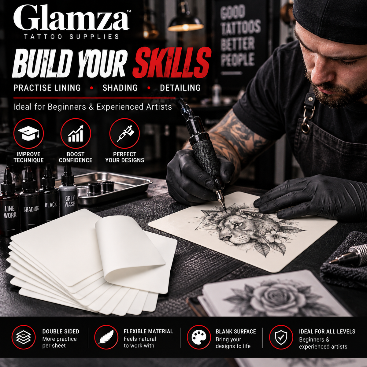 Glamza Double-Sided Tattoo Practice Skin – Synthetic Training Skin