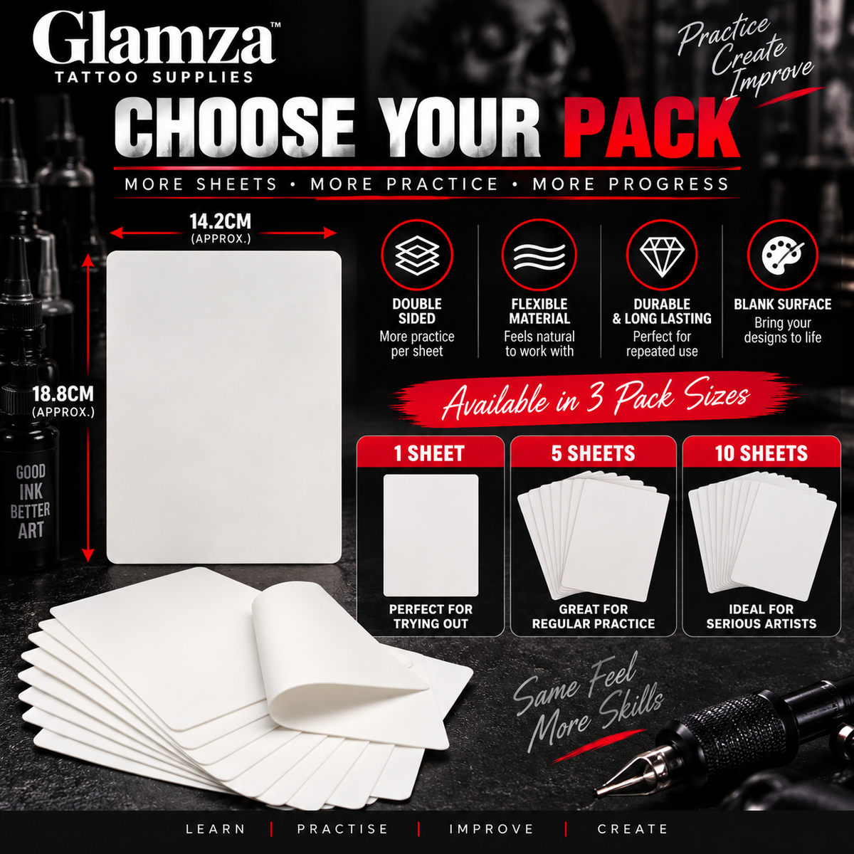 Glamza Double-Sided Tattoo Practice Skin – Synthetic Training Skin